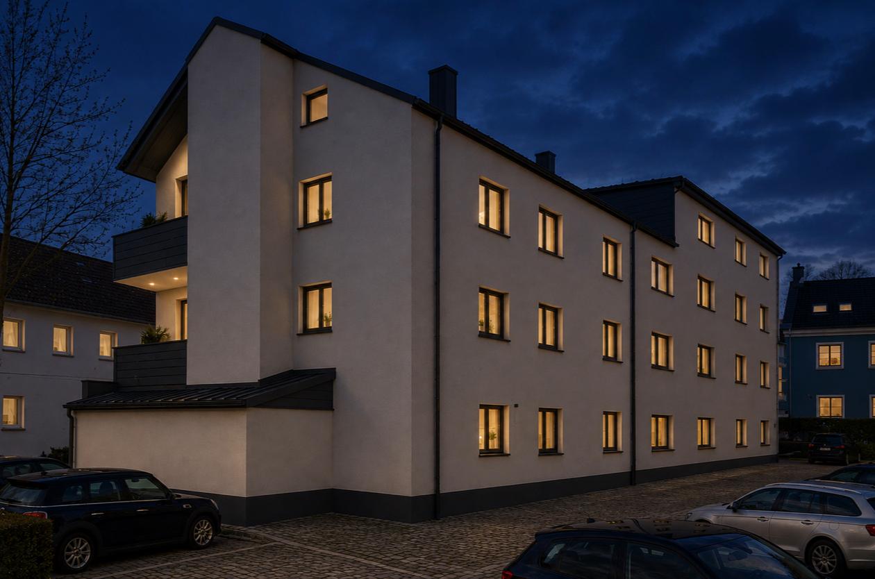 Gebäude bei Nacht vom Innenhof